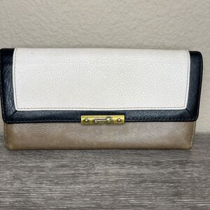 Fossil Leather Knox Flap Clutch Checkbook Wallet Tan White Black